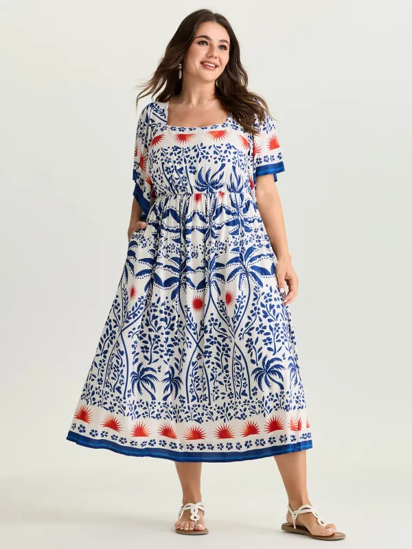 Tropical Print Flared Half-Sleeve Midi Dress made by Bloomchic