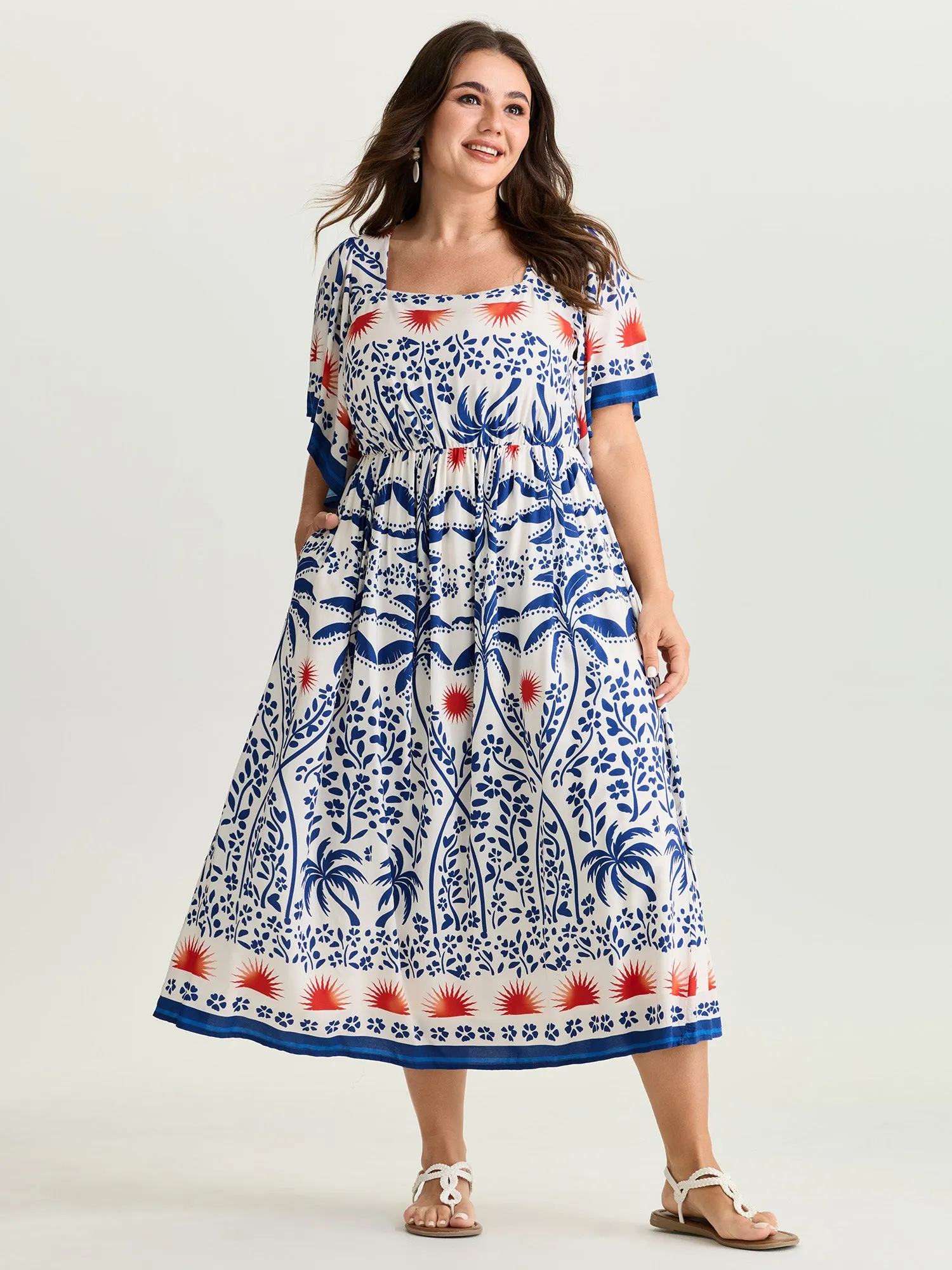 Tropical Print Flared Half-Sleeve Midi Dress sold by Bloomchic
