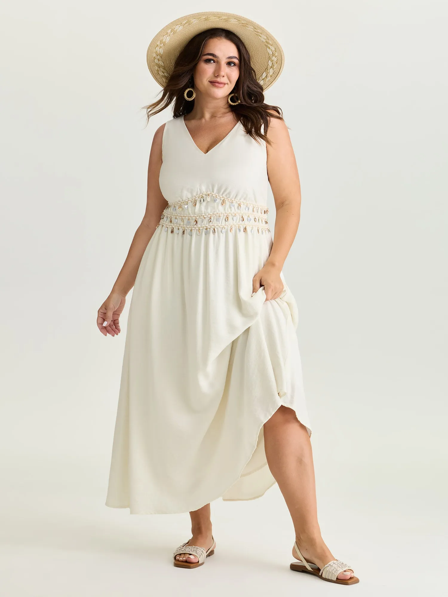 Tassels Cinched-Waist V-Neck Maxi Dress sold by Bloomchic