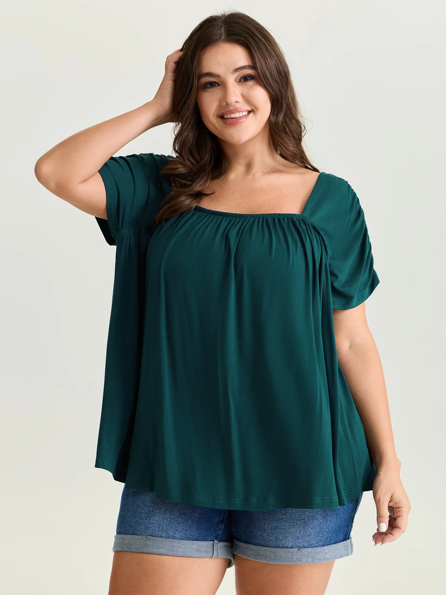 Supersoft Flowy-Fit Pleated Plain T-Shirt sold by Bloomchic