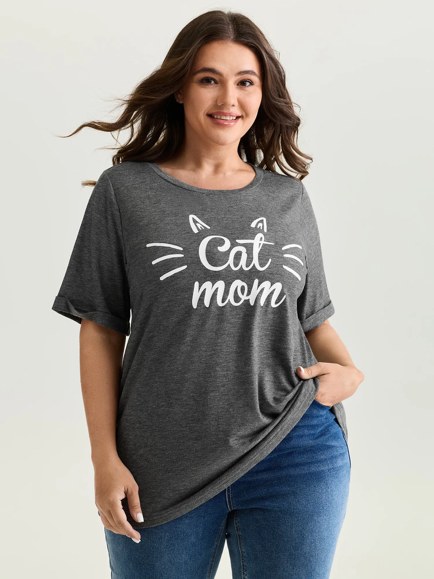 Supersoft Cute Cat Mom Round Neck T-Shirt sold by Bloomchic