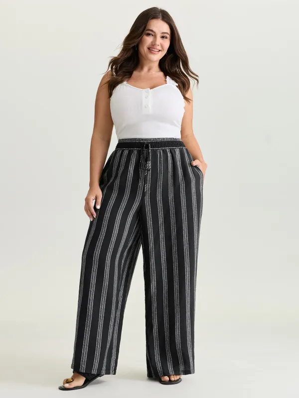 Abstract Striped Drawstring Shirred Waist Pants made by Bloomchic