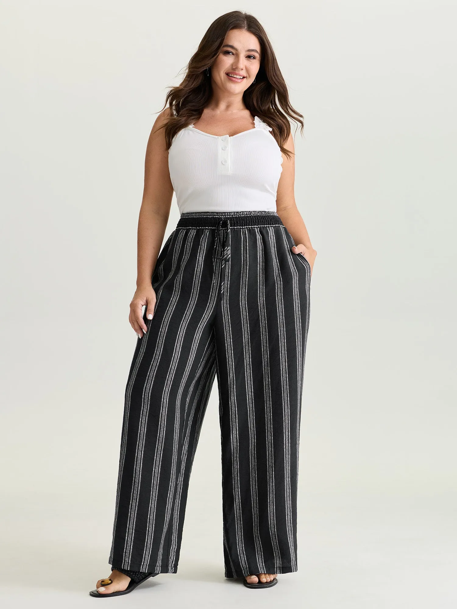 Abstract Striped Drawstring Shirred Waist Pants sold by Bloomchic