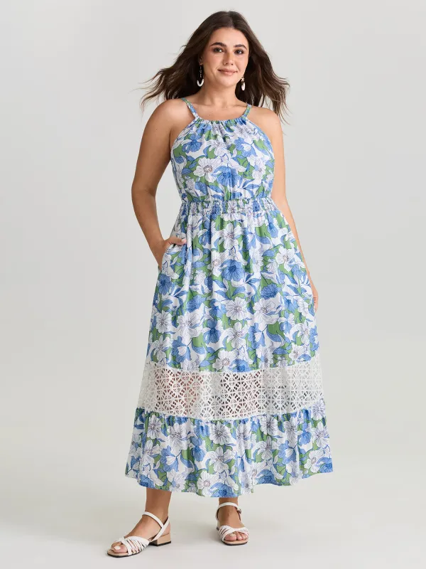 Large Floral Print Lace Trim Midi Dress made by Bloomchic