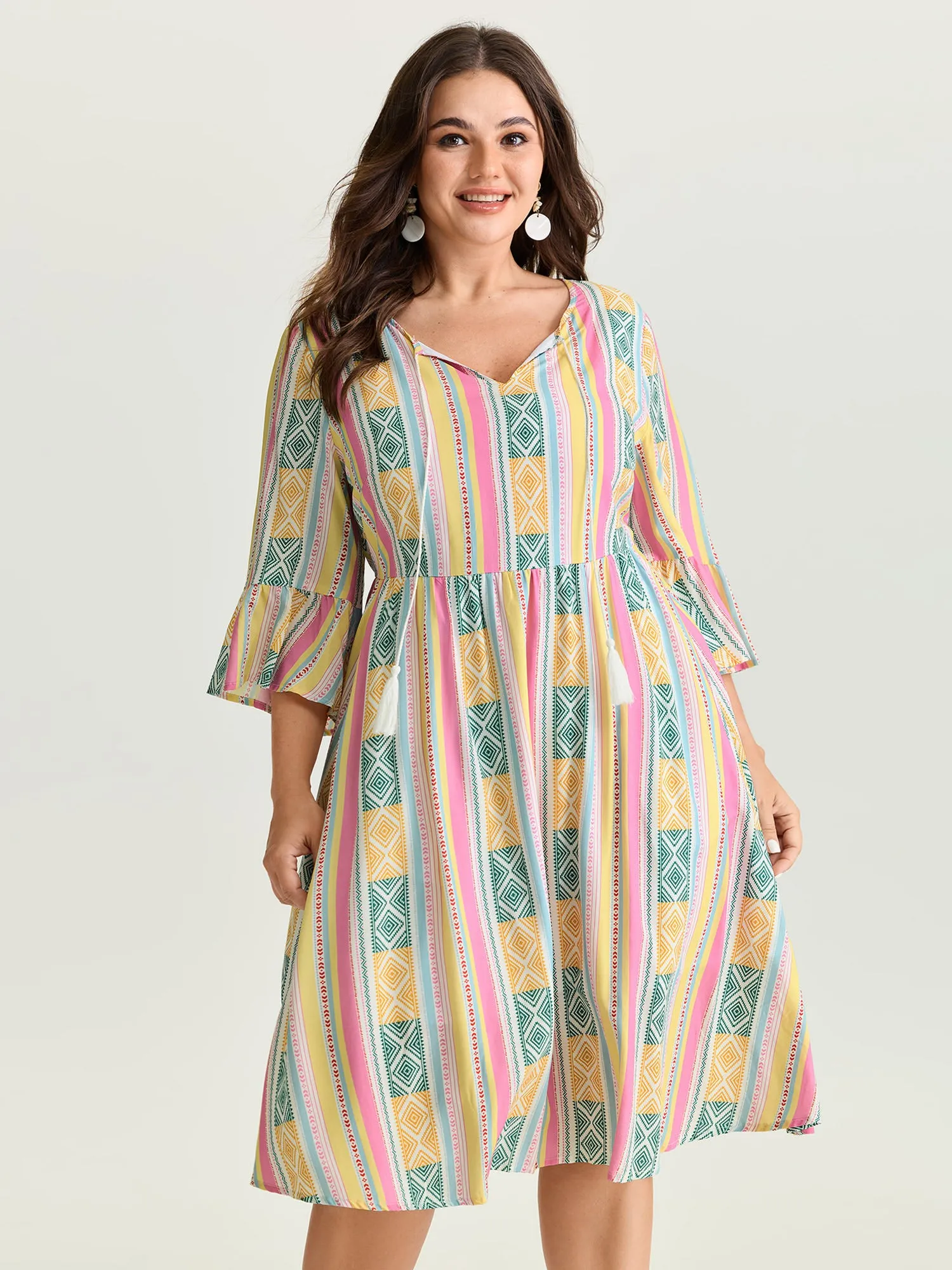 Color Contrast Geometric Print Stretchy Waist Mini Dress sold by Bloomchic