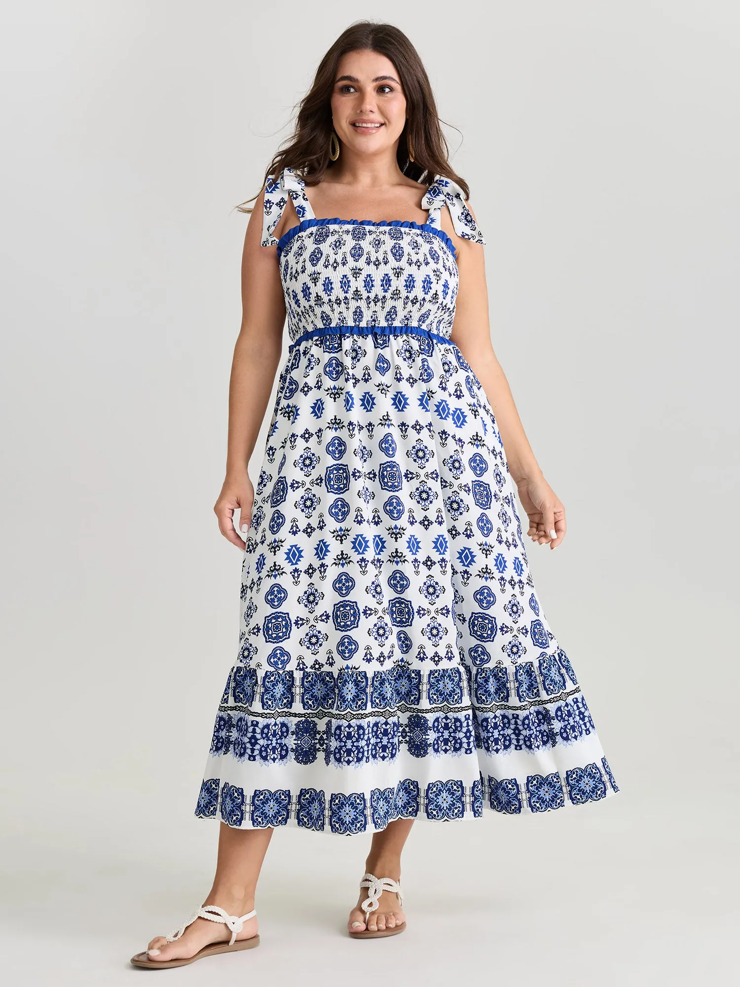 Geometric Boho Print Shoulder-Tie Contrast Maxi Dress sold by Bloomchic product image thumbnail 3