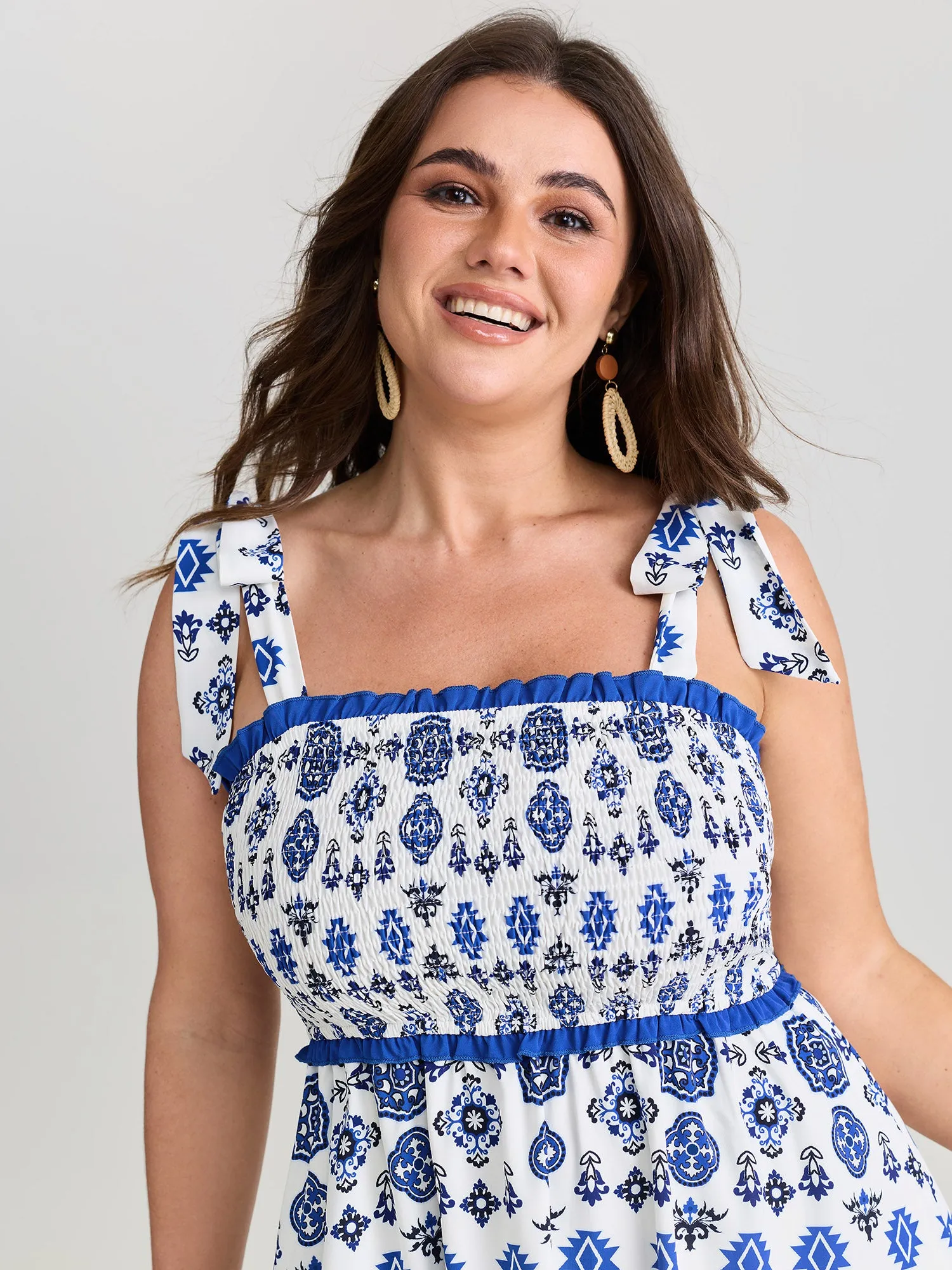 Geometric Boho Print Shoulder-Tie Contrast Maxi Dress sold by Bloomchic product image thumbnail 2