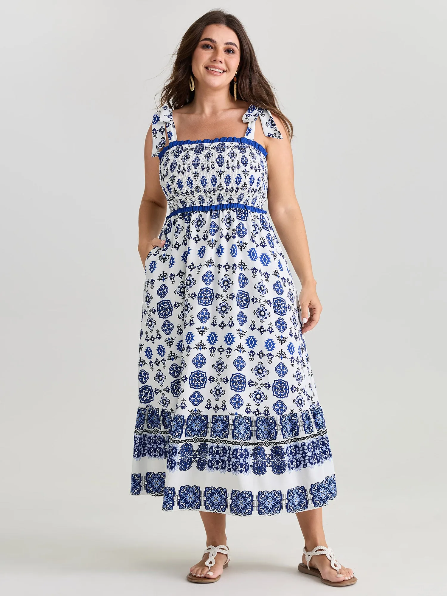 Geometric Boho Print Shoulder-Tie Contrast Maxi Dress sold by Bloomchic