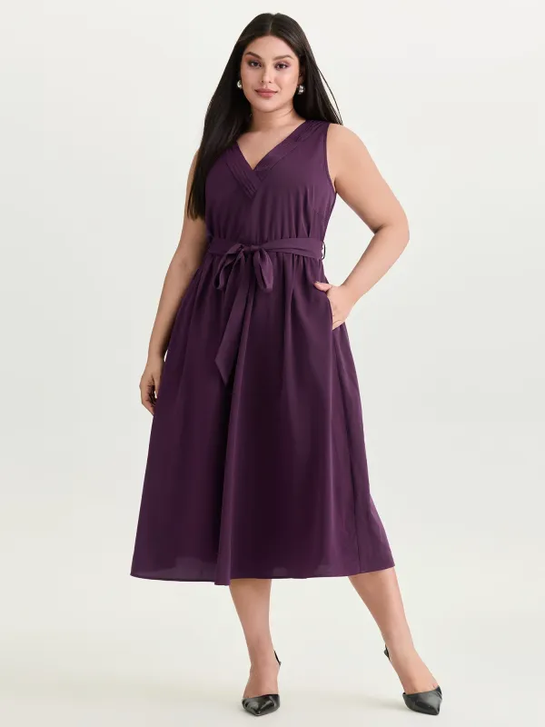 Pleated Neckline Waist-Tie Flowy Midi Dress made by Bloomchic