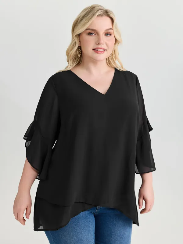 Sheer Flowy Ruffled Sleeve Plain Blouse made by Bloomchic