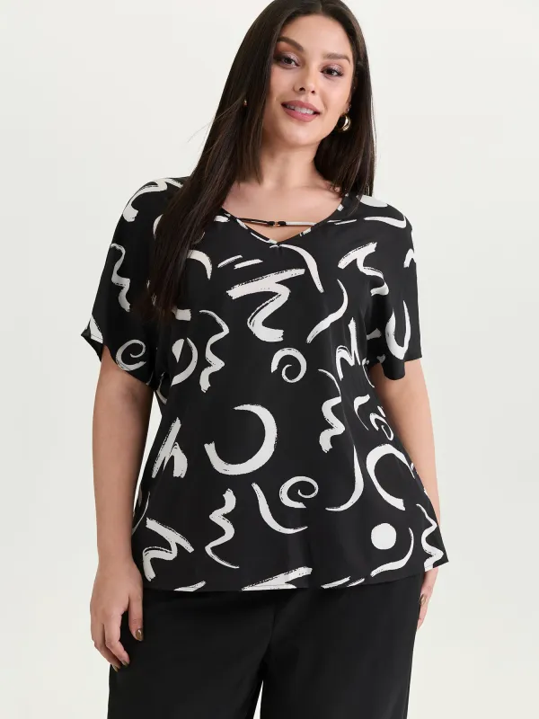 Abstract Print Cut-Out Neckline Blouse made by Bloomchic