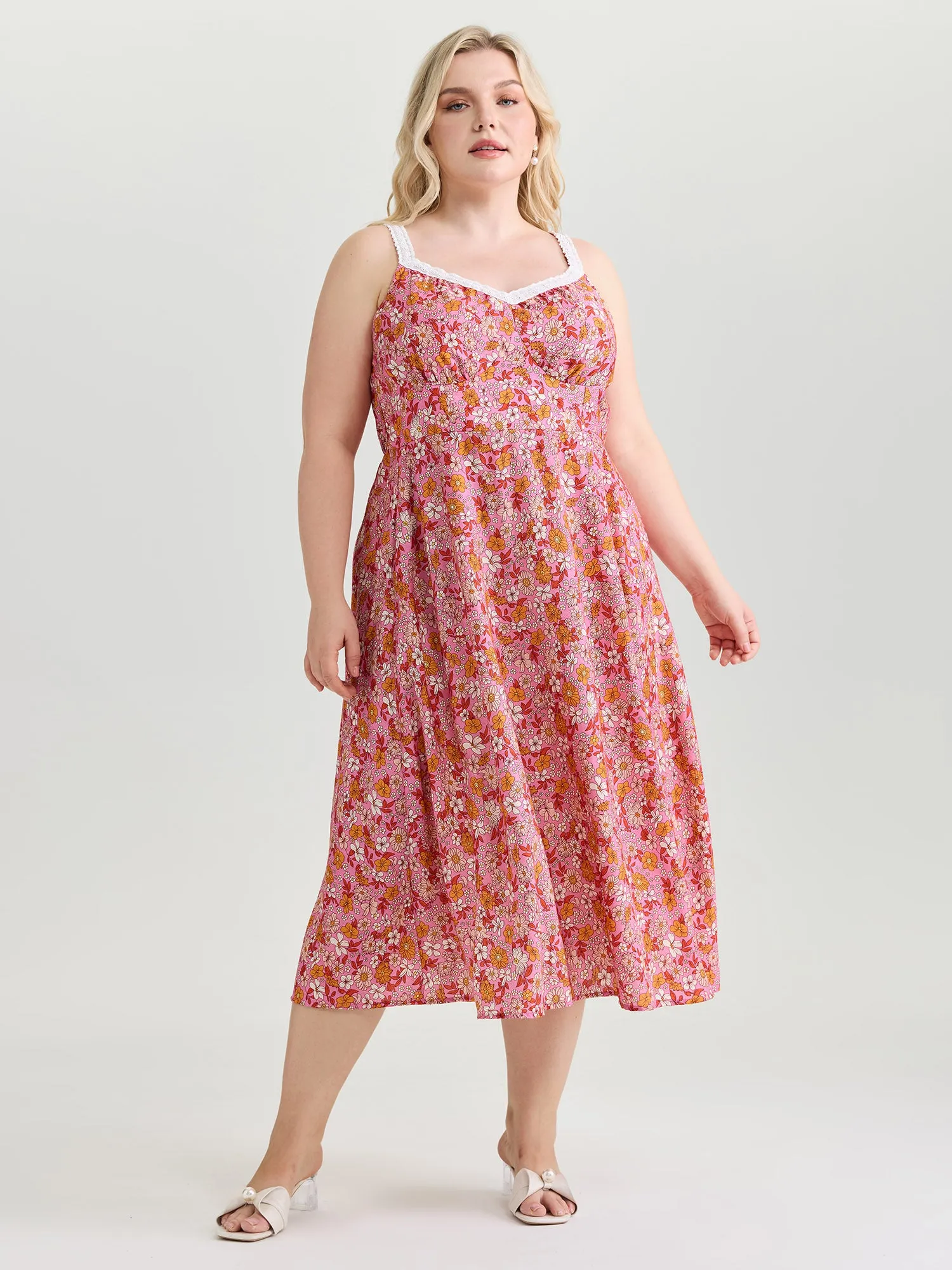Bright Floral Print Lace Neckline Midi Dress sold by Bloomchic product image thumbnail 3