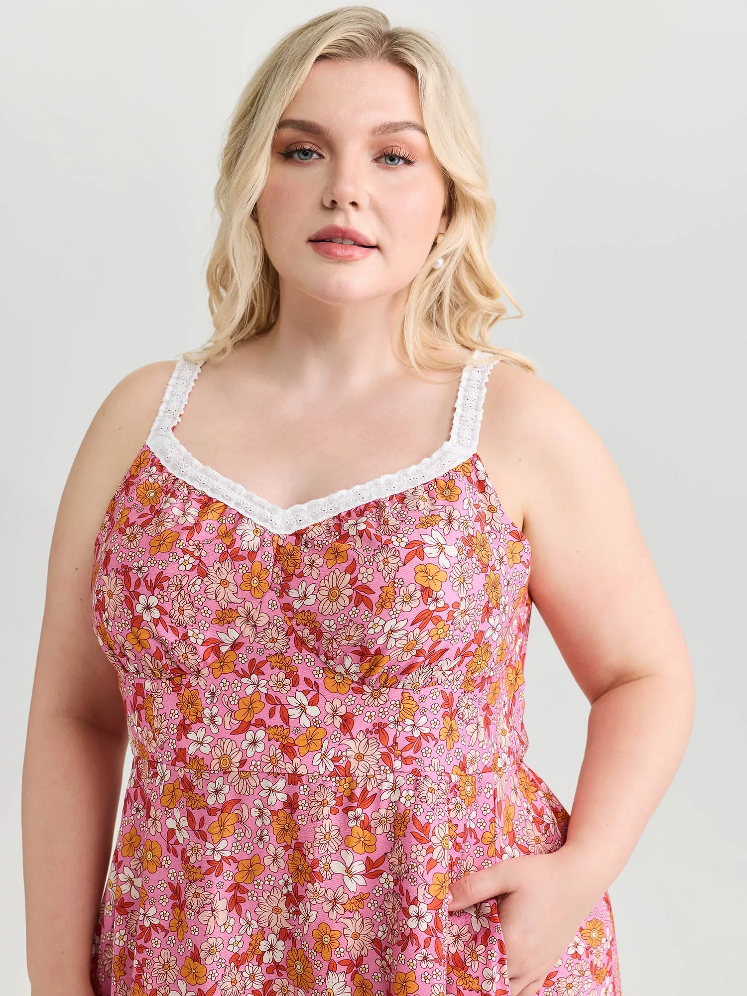 Bright Floral Print Lace Neckline Midi Dress sold by Bloomchic product image thumbnail 2