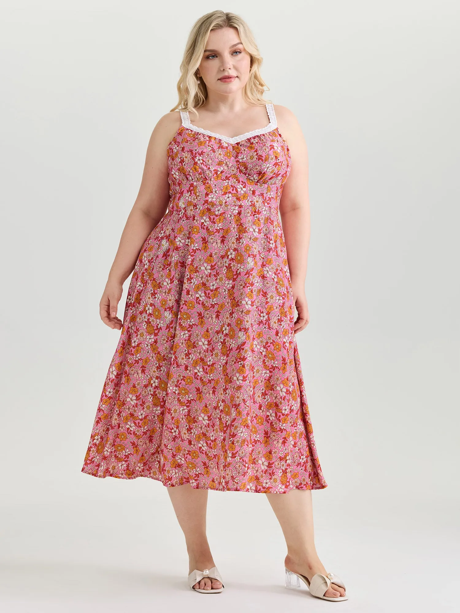 Bright Floral Print Lace Neckline Midi Dress sold by Bloomchic