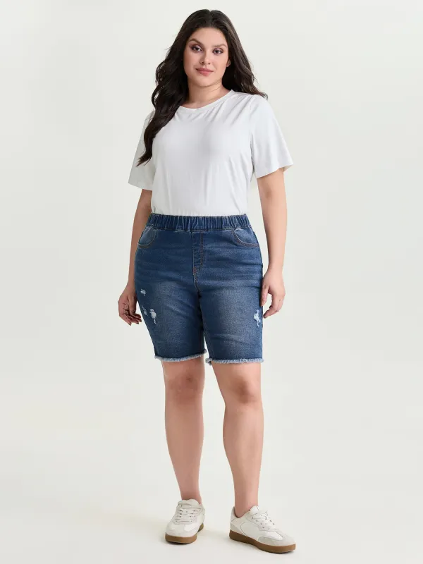 Everyday Elastic Waist Ripped Denim Shorts made by Bloomchic