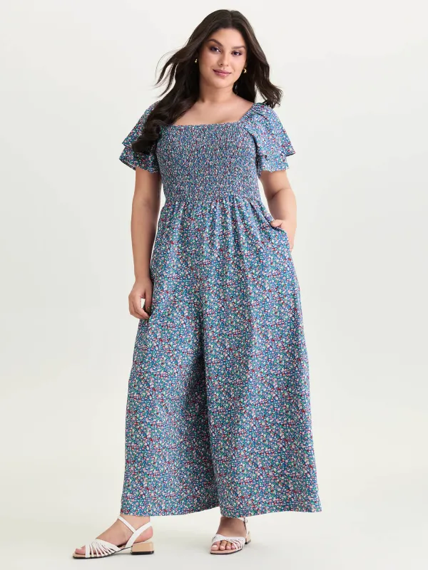 Micro Floral Print Shirred Jumpsuit made by Bloomchic