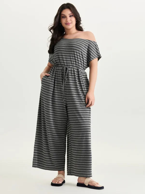 Striped One-Shoulder Pockets Jumpsuit made by Bloomchic