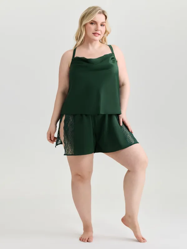 Cowl Neckline Lace Split Co-Ord Pajama Set made by Bloomchic