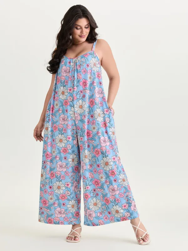 Stretchy Floral Print Wide Straps Jumpsuit made by Bloomchic