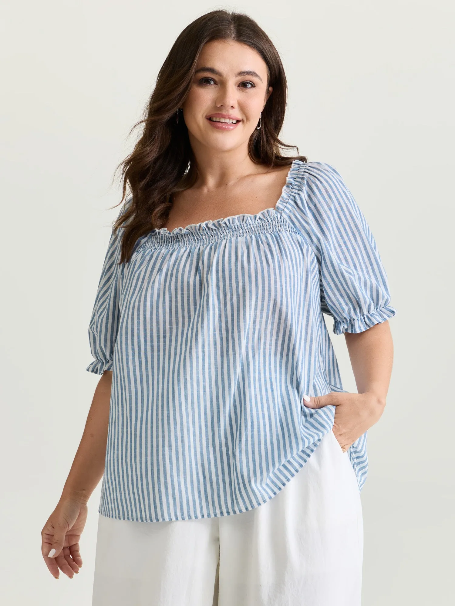 Cotton Striped Shirred Bust-Friendly Neckline Blouse sold by Bloomchic
