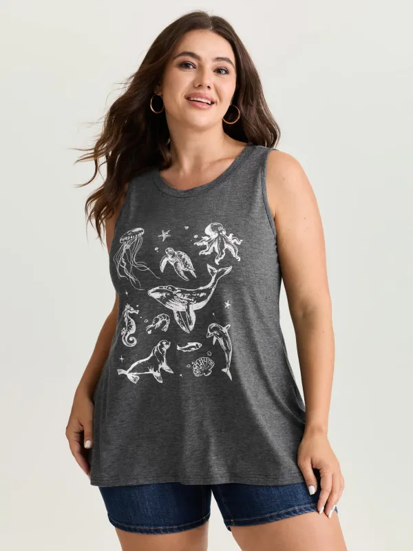 Supersoft Ocean Print Round Neck Tank Top made by Bloomchic