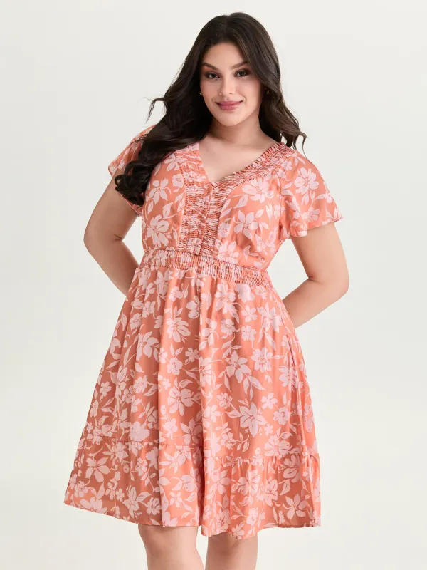 Large Floral Print Shirred Neckline Mini Dress made by Bloomchic