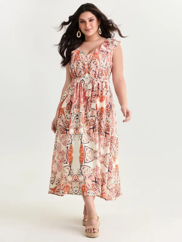 Paisley Print Waist-Tie Flowy Midi Dress made by Bloomchic