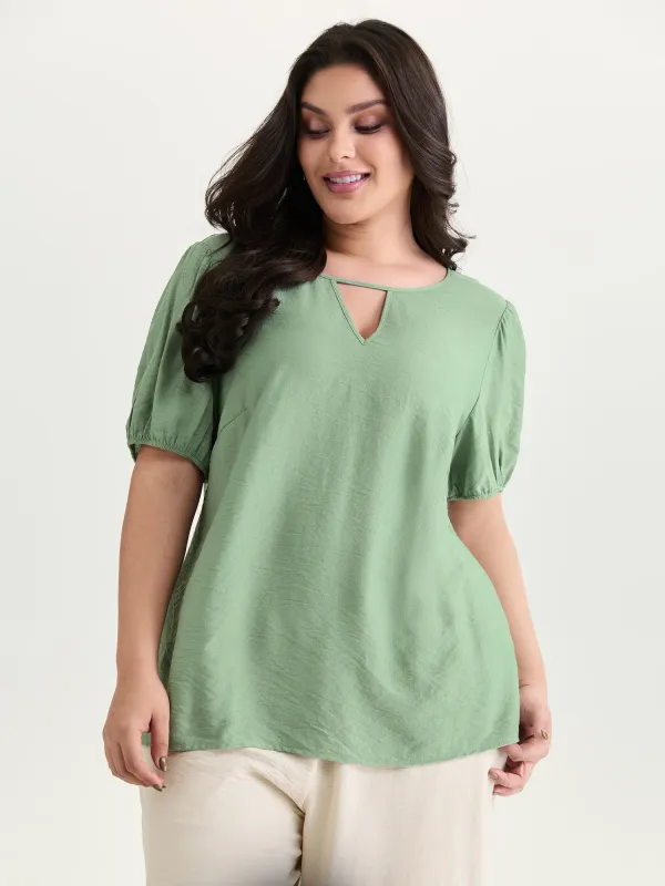 Shirred Puff Sleeve Keyhole Neckline Blouse made by Bloomchic