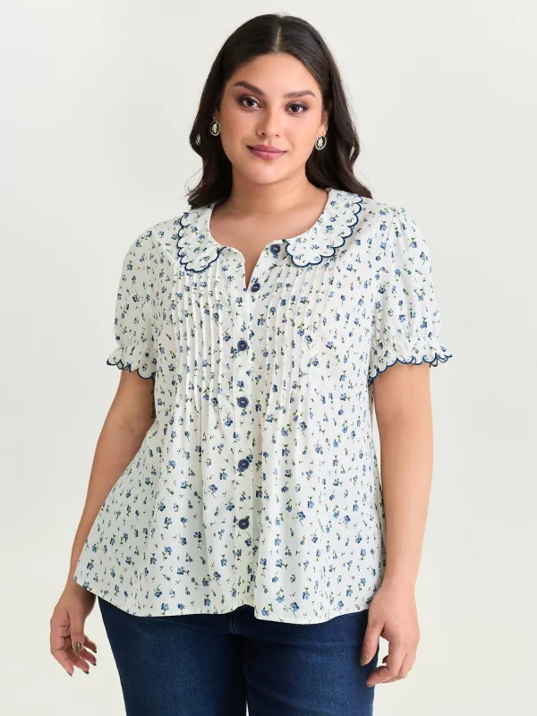 Floral Embroidery Pleated Button-Front Blouse made by Bloomchic