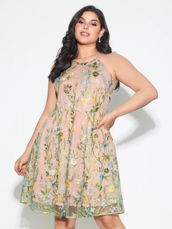 Floral Embroidered Mesh Fit And Flare Mini Dress made by Bloomchic