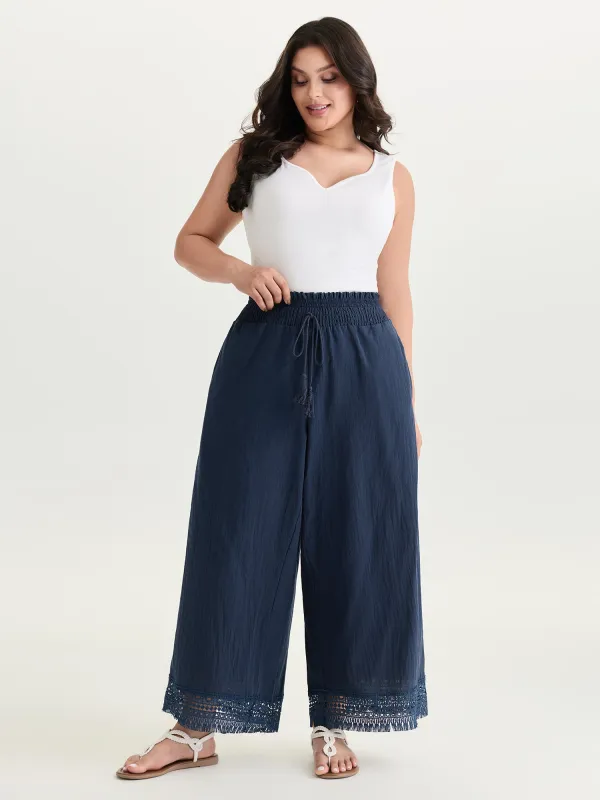 Cotton Wide Shirred Waistband Lace Hem Pants made by Bloomchic