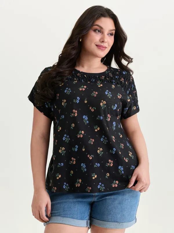 Cotton Floral Print Shirred Half-Sleeve T-Shirt made by Bloomchic