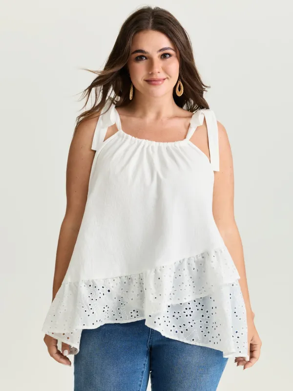 Cotton Overlap Ruffled Hem Shoulder-Tie Tank Top made by Bloomchic