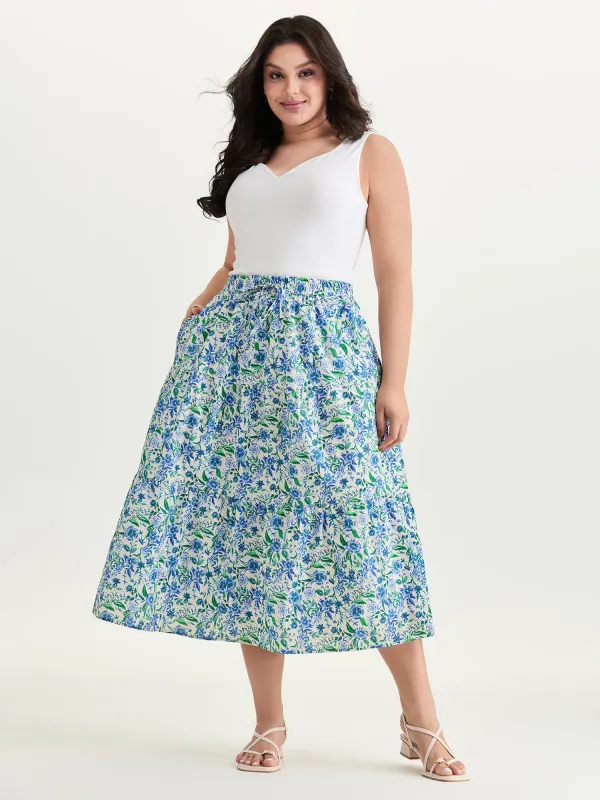 Cotton Floral Whispers Drawstring Tiered Maxi Skirt made by Bloomchic