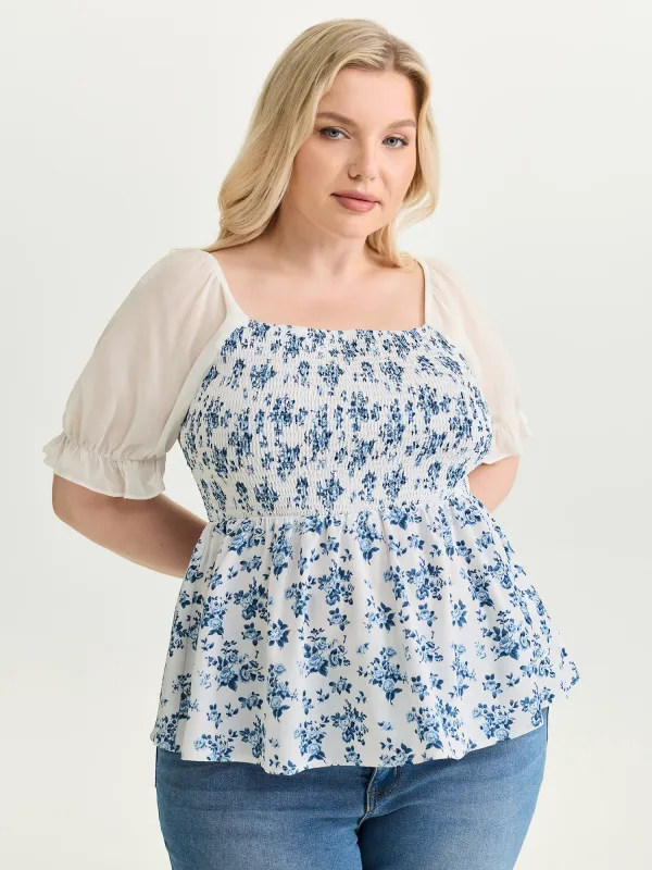 Floral Print Sheer Stretchy Cuff Sleeve Blouse made by Bloomchic