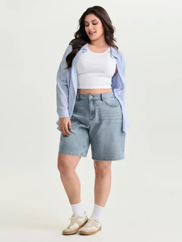 Stretchy Waist Faded Bermuda Denim Shorts made by Bloomchic