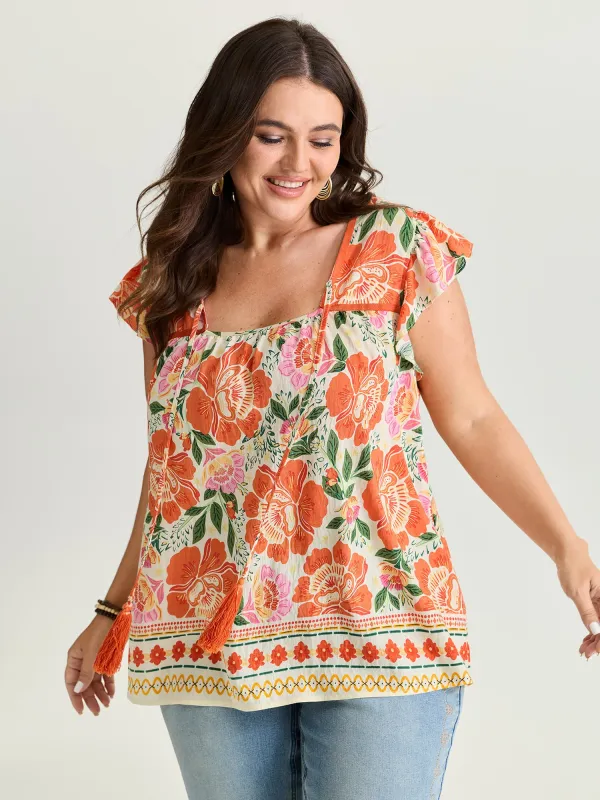 Vibrant Floral Print Flutter Sleeve Blouse made by Bloomchic