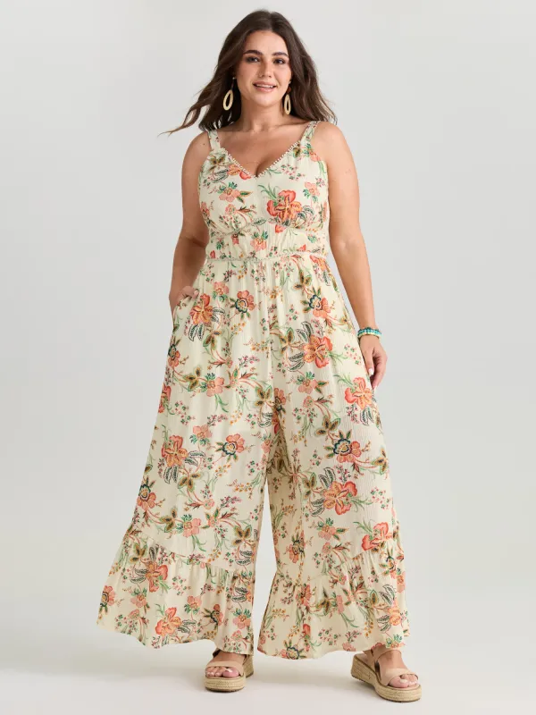 Floral Lace Trim Cinched-Waist Jumpsuit made by Bloomchic