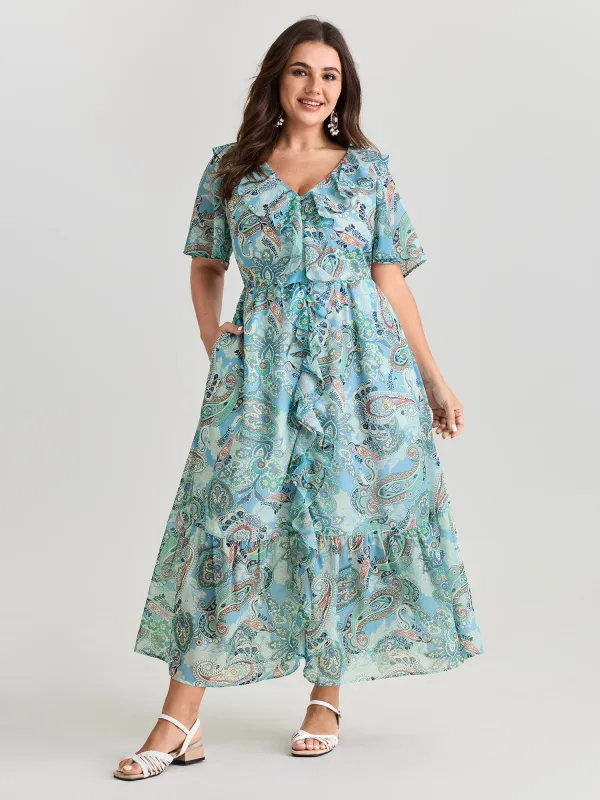 Delicate Paisley Print Ruffled Detail Maxi Dress made by Bloomchic