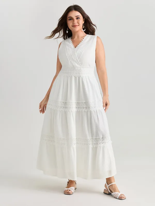 Lace Trim Overlap Neckline Tiered Maxi Dress made by Bloomchic