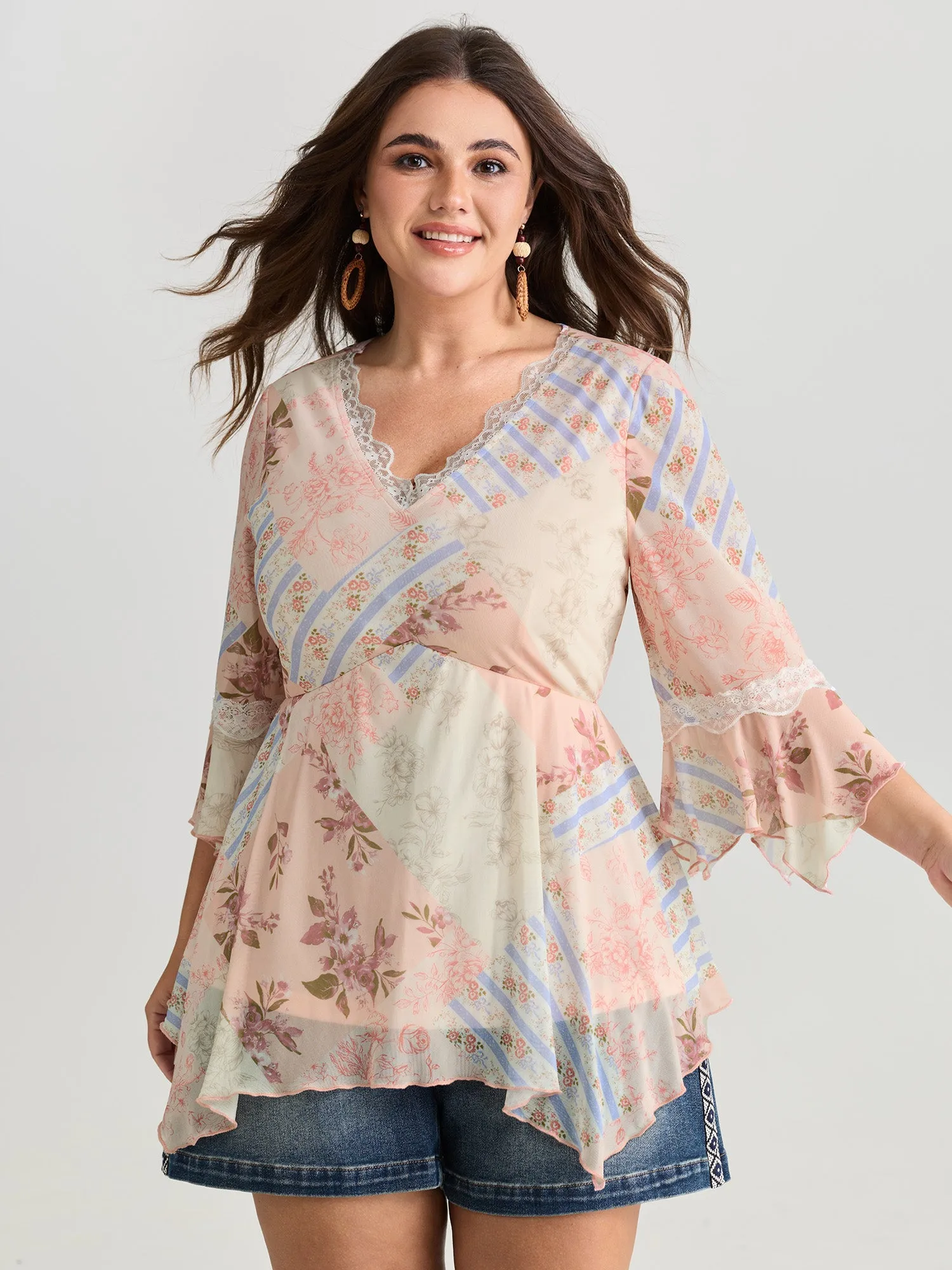 Floral Print Lace Asymmetrical Hem Blouse sold by Bloomchic