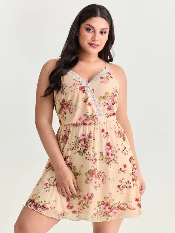 Floral Print Lace Neckline Nightgown made by Bloomchic
