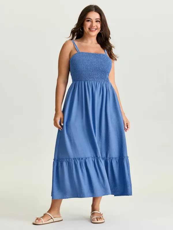 Shirred Tiered Hem Plain Maxi Dress made by Bloomchic