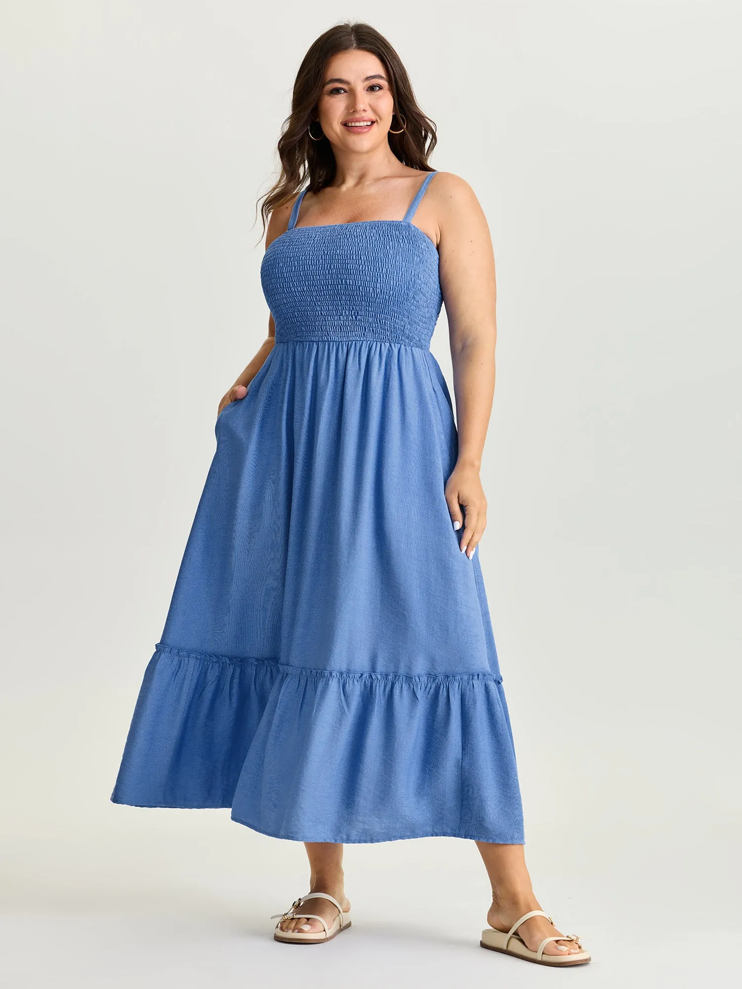 Shirred Tiered Hem Plain Maxi Dress sold by Bloomchic product image thumbnail 3