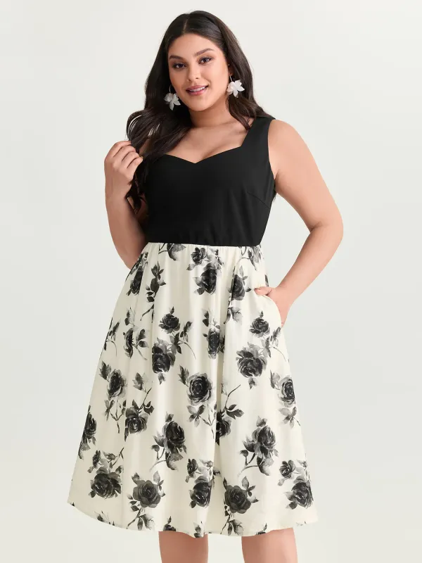 Color Contrast Floral Sweetheart Midi Dress made by Bloomchic