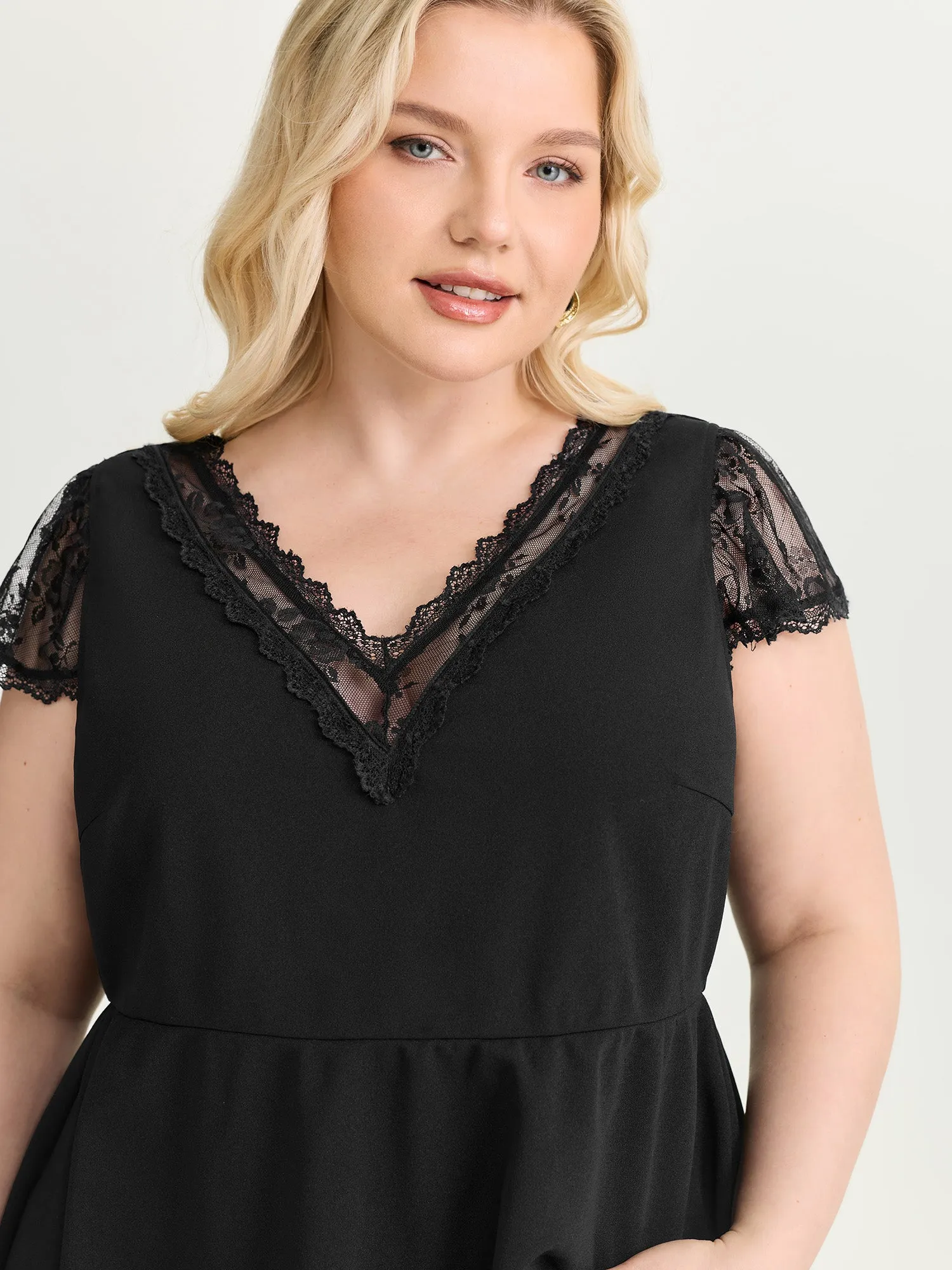 Sheer Lace Plain Knit Top sold by Bloomchic