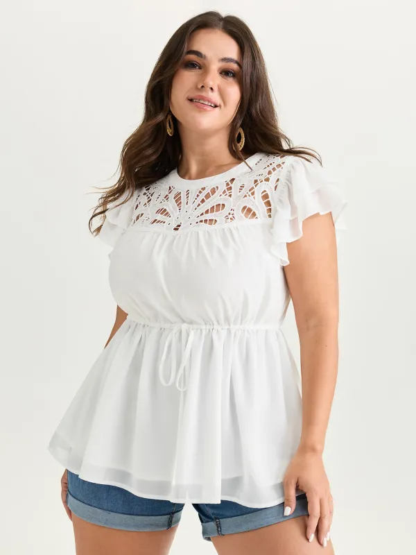 Cut Out Floral Neckline Plain Blouse made by Bloomchic