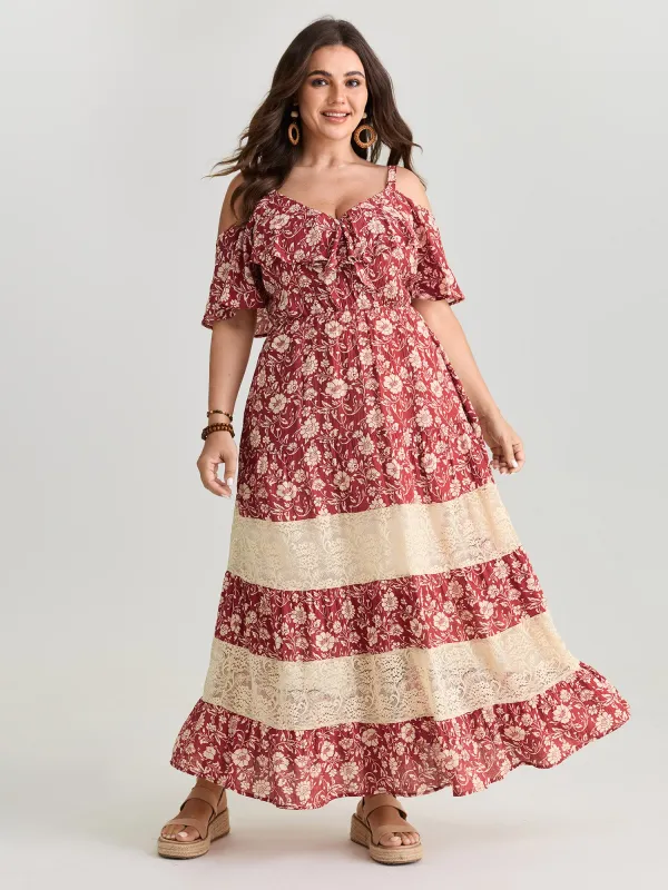 Floral Print Cold-Shoulder Ruffled Maxi Dress made by Bloomchic