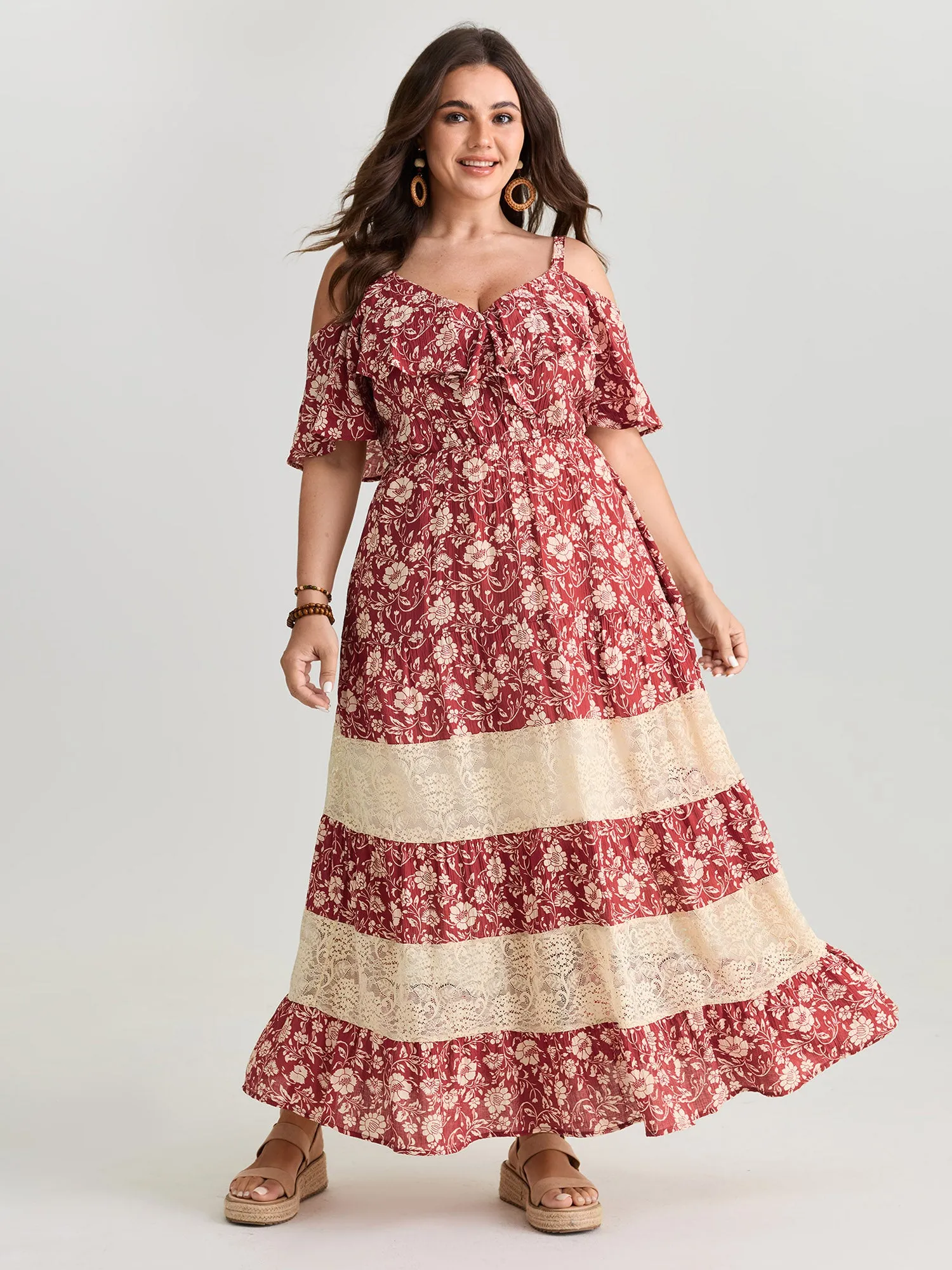 Floral Print Cold-Shoulder Ruffled Maxi Dress sold by Bloomchic