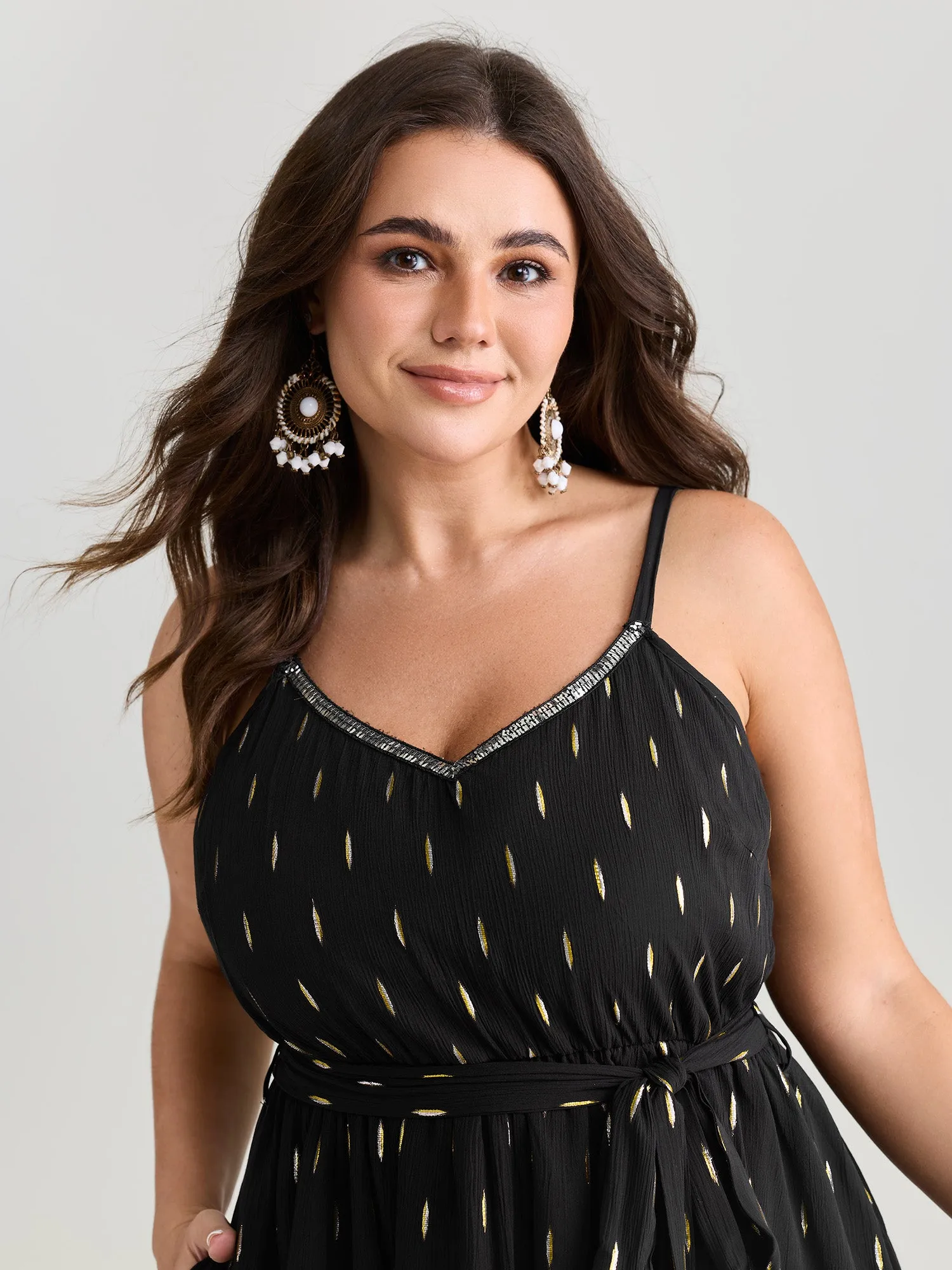 Sequin Neckline Textured Waist-Tie Mini Dress sold by Bloomchic product image thumbnail 2